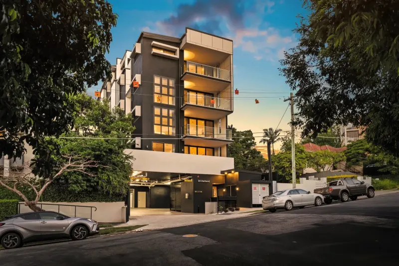 34 Holland, the residential building at 34 Holland Street, Toowong, photographed at dusk